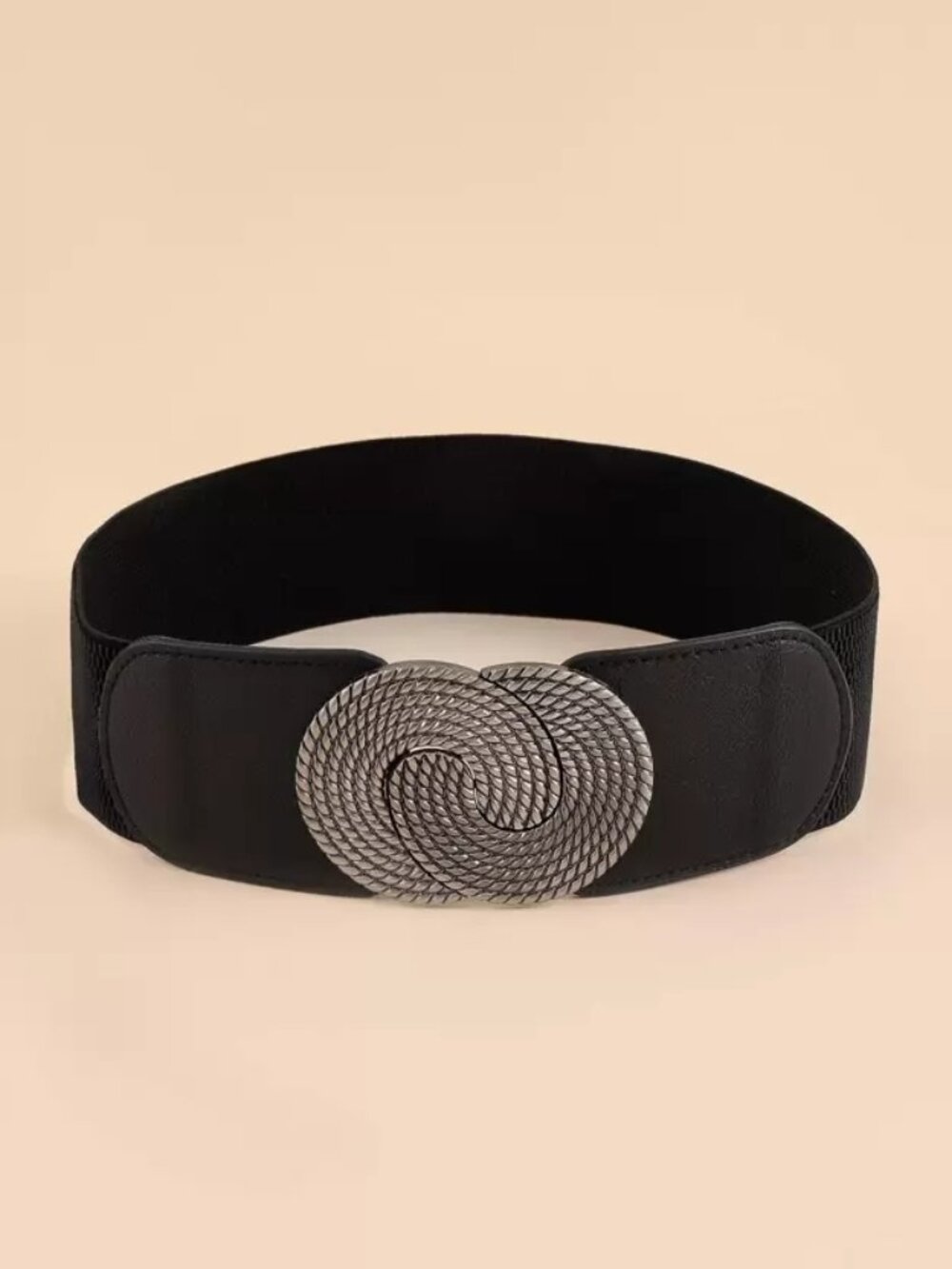 Black Elastic Waist Cinching Belt Infinity Circle Interlocking Silver Buckle OS